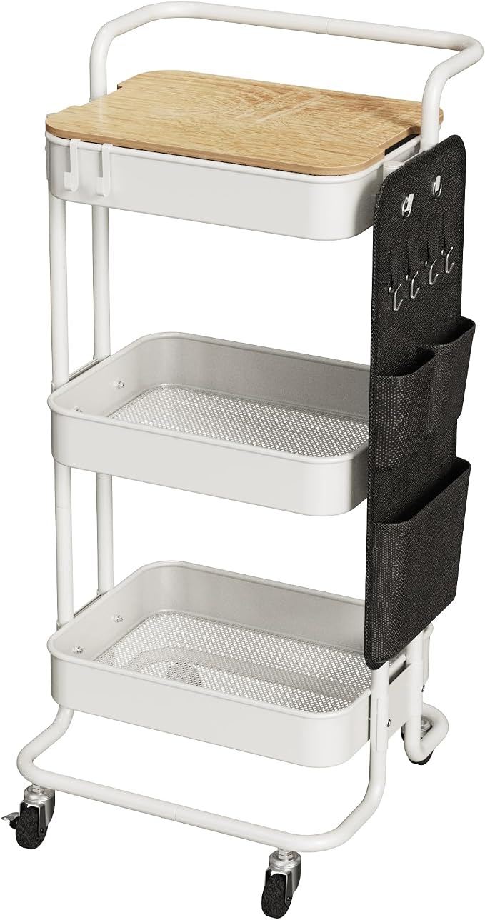 DTK 3-Tier Rolling Cart with Table Top, Metal Utility Cart with Side Bags | by DTK
