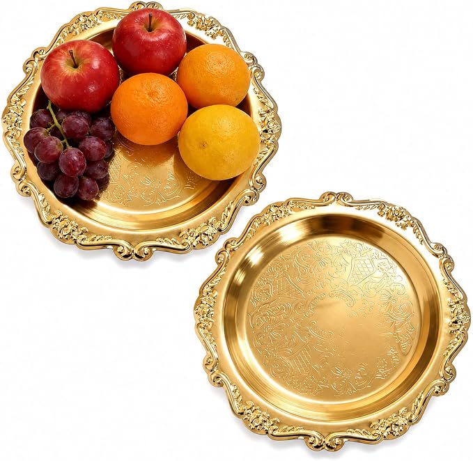 Round Gold Tray, Serving Platters, Vintage Metal Dessert Snack Platter by Unknown