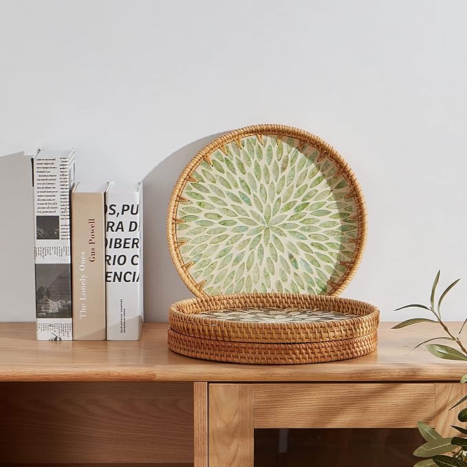 Round Rattan Tray with Mother of Pearl Inlay, Rattan Serving Tray with Wooden - Image 3