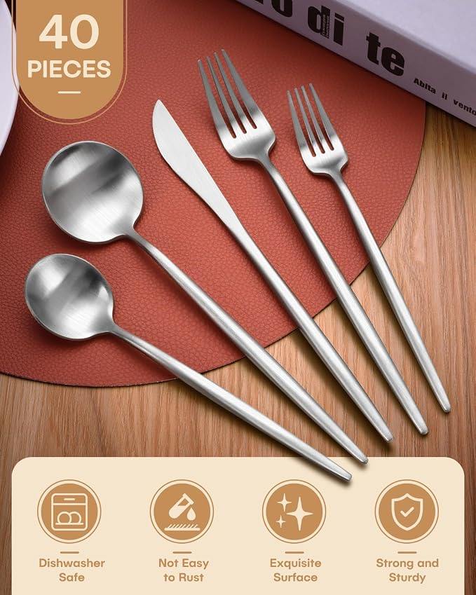Silverware Set For 8, Ollex 40 Pieces Matte Flatware Set, Stainless Utensil set - Image 2