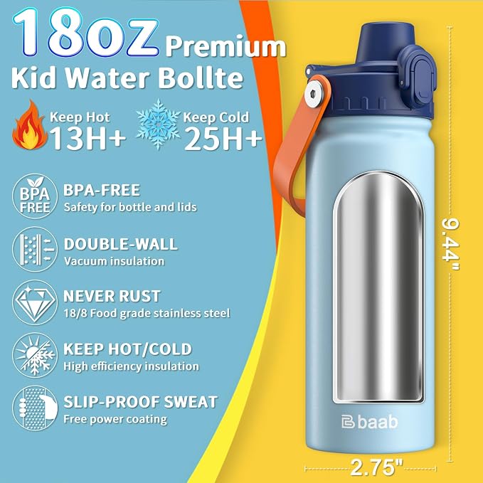 baab 18oz Kids Insulated Water Bottle 18/8 Stainless Steel Kids Cup 2 Pack | - Image 2