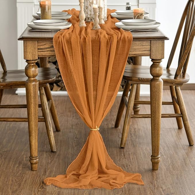 Artoid Mode Boho Cheesecloth Gauze Orange Wedding Table Runner, 160 Inch - Image 3
