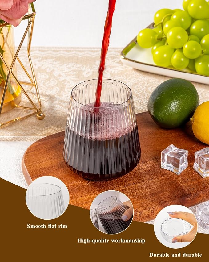 Goodluck 120 Pack 12oz Stemless Clear Plastic Wine Glasses | Clear Ribbed Cups - Image 2