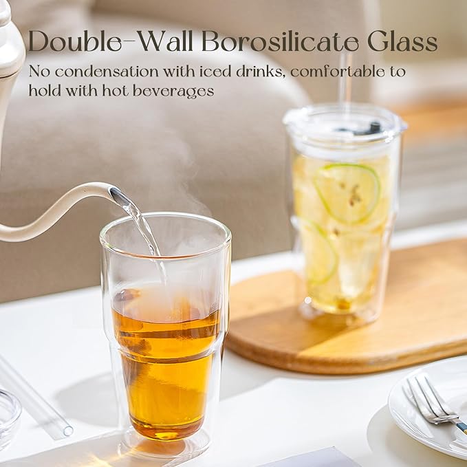 KEMORELA Set of 4 Double-Walled Glass Cups, 16 oz / 480 ml Insulated Tumblers - Image 6