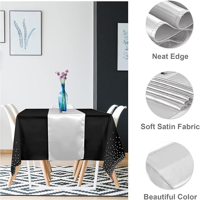 16Pack Disposable Plastic Tablecloths and Satin Table Runner Set Black and - Image 3