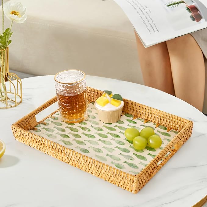 Rectangle Rattan Tray with Mother of Pearl Inlay, Rattan Serving Tray with - Image 8