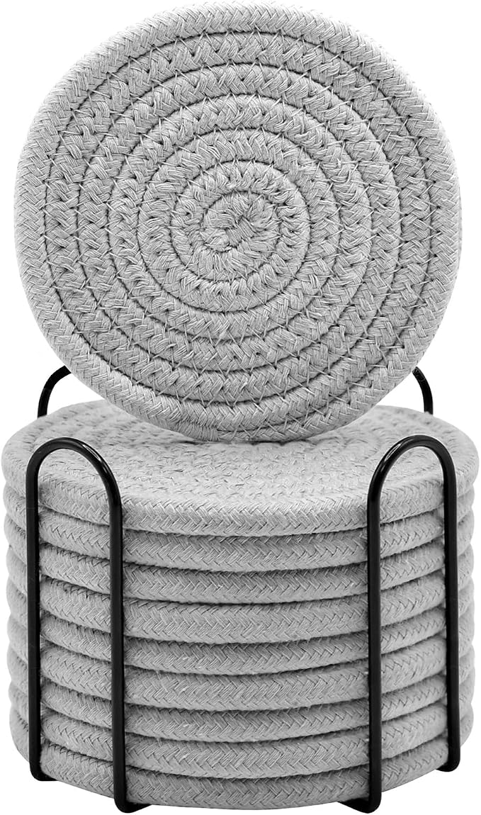 ABenkle Drink Coasters with Holder Set of 10, Cotton Woven Absorbent Coasters by ABenkle