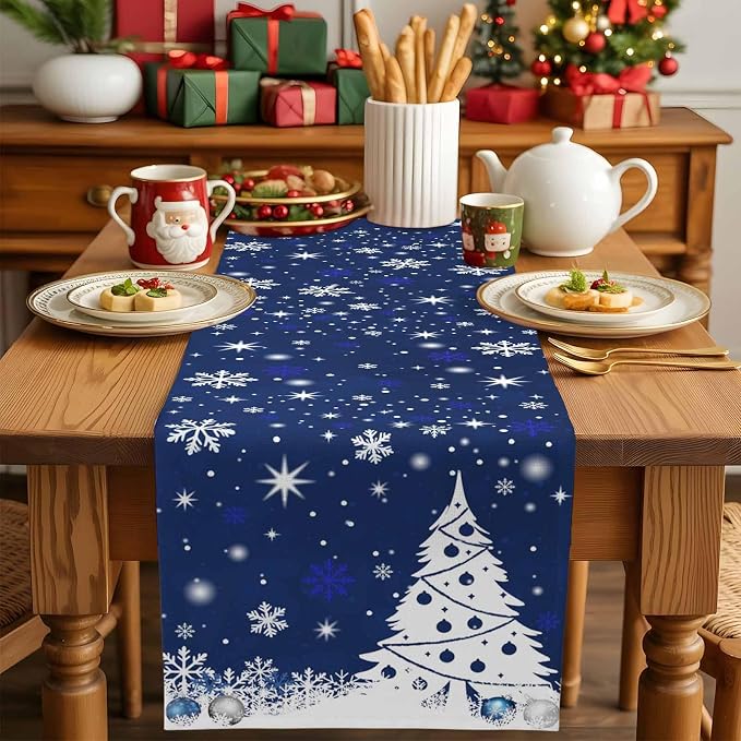 Navy Blue Christmas Tree Table Runner 48 Inches Long, Xmas Balls Snowflake - Image 5