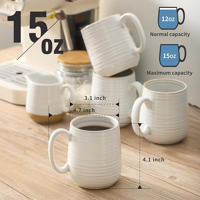 HASENSE Coffee Mugs, 15oz Ceramic Coffee Cups Set of 4, Clay-Infused White | - Image 2