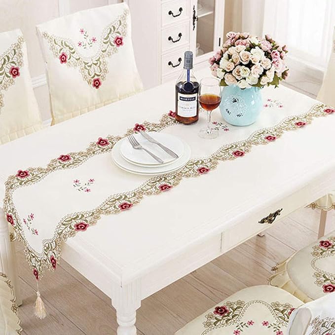 LeLehome 15 X 112 Inch Classic Table Runner, Flowers Embroidery Lace Beige - Image 6