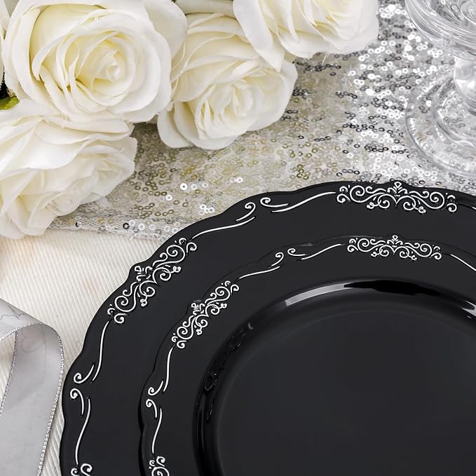 DaYammi 60PCS Black and Silver Plastic Plates, Heavy Duty Black and Silver - Image 3