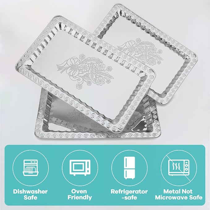 6-Pack Silver Serving Trays Set – Swirl Floral Engraved Serving Platters - Image 8