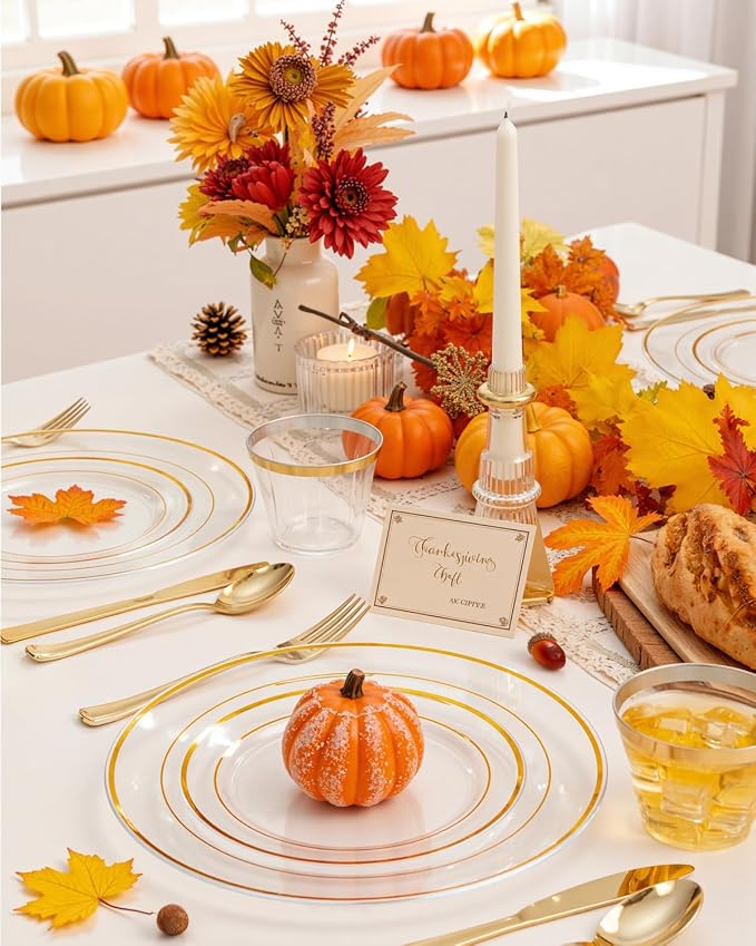 bUCLA 150Pcs Clear Gold Plastic Dinnerware Set - Image 4