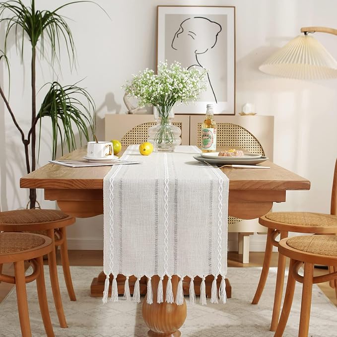 Wracra Rustic Linen Table Runner, Ivory Table Runners 36 inches Long | Raised by Wracra