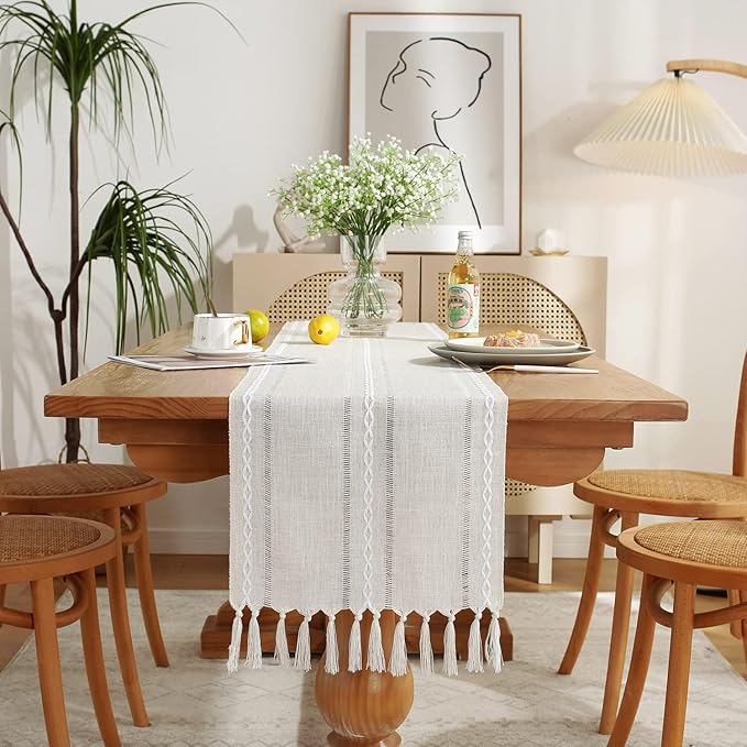Wracra Rustic Linen Table Runner, Ivory Table Runners 90 inches Long | Raised by Wracra