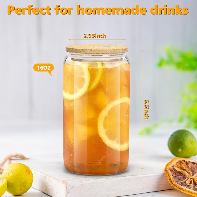 sungwoo 4PCS Glass Cups with Bamboo Lids and Straws, 16OZ Ice Coffee Cup - Image 5