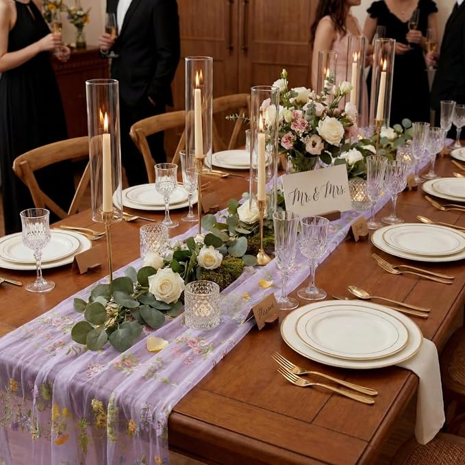 Purple Floral Table Runner 10ft Embroidery Tulle Spring Wildflower Gauze Table - Image 5
