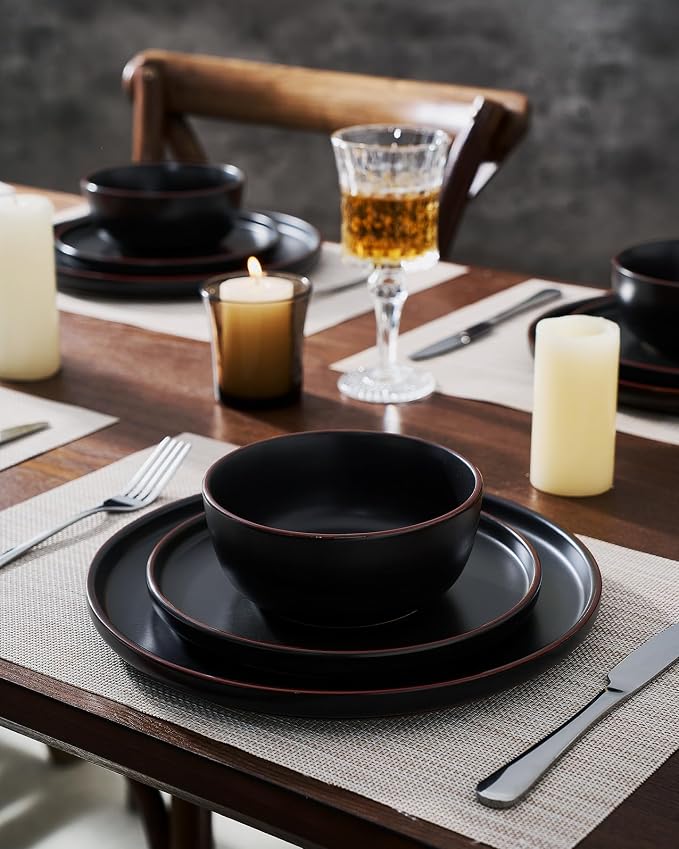 Famiware Mercury 24-Piece Stoneware Plates and Bowls, Matte Black | Dinnerware - Image 5