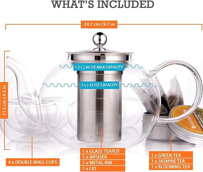 Glass Teapot Set with 4 Double Wall Tea Cups & Removable Stainless Steel Infuser - Image 4