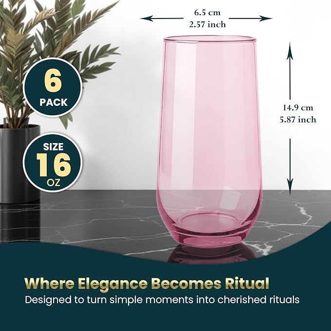 Pink Drinking Glasses Set of 6 | Translucent Rose Glassware | 16 oz Blush Pink - Image 2
