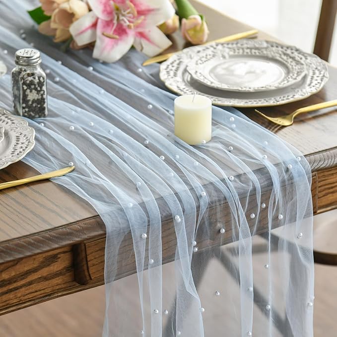 Artoid Mode 6PCS Pearl Blue Gauze Table Runner 120 Inch 10FT, Seasonal Sheer by ArtoidMode