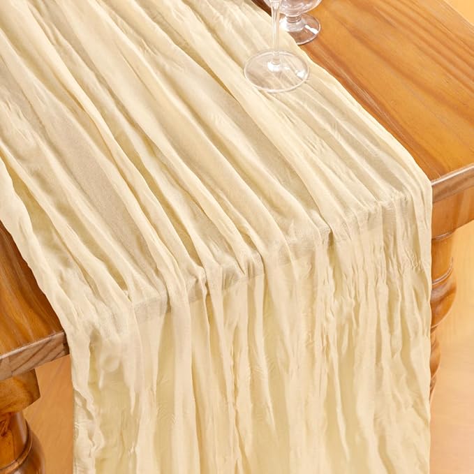 DeZerlor Beige Cheesecloth Table Runners 6 Pack Summer Boho Runners | 120Inches - Image 4