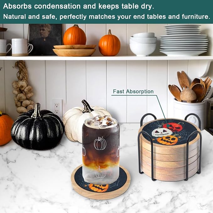 Halloween Coasters Set of 6, Pumpkins Coaster, Minacun Black Absorbent Coasters - Image 4