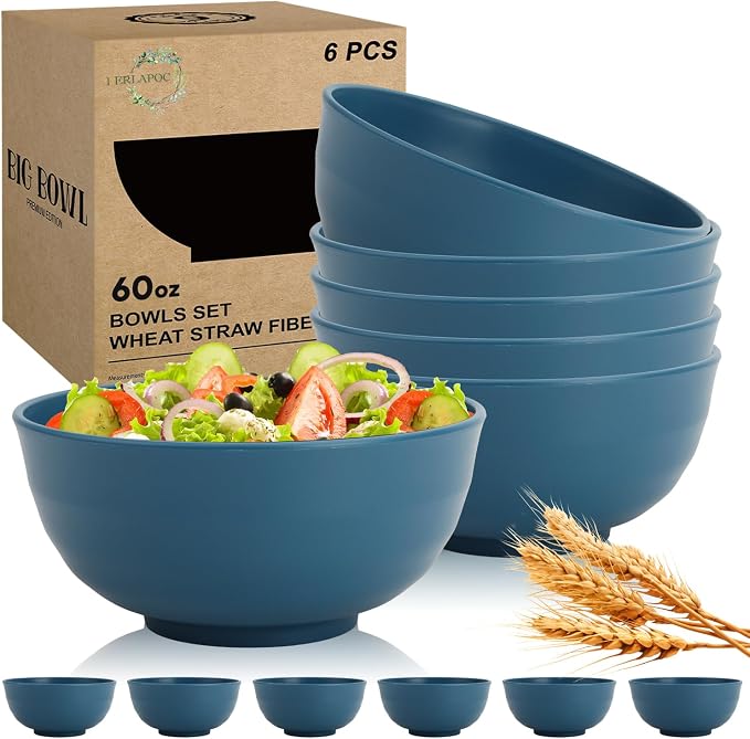 Wheat Straw Bowls Set of 6, 60 OZ Unbreakable Camping Bowls, Microwave Safe & by Perlapoc