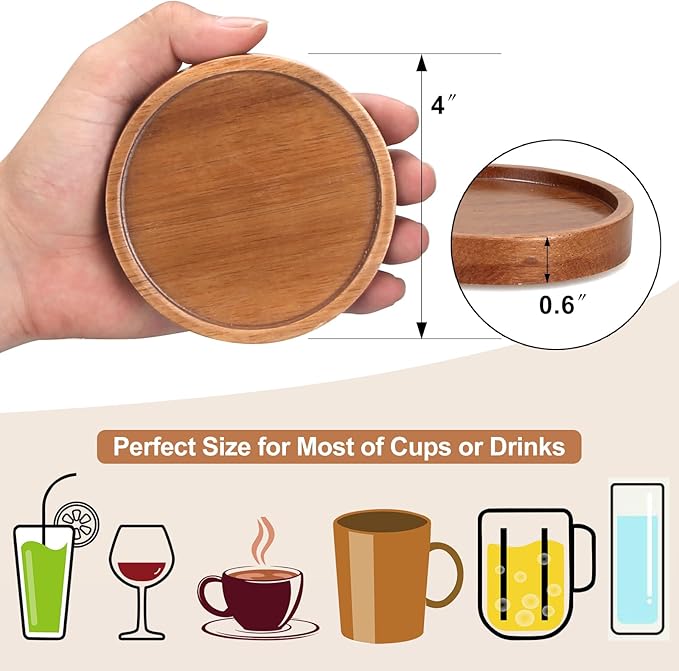 Acacia Wood Coasters Set of 8 Bar Accessories Table Decor Wooden Coaster | - Image 7