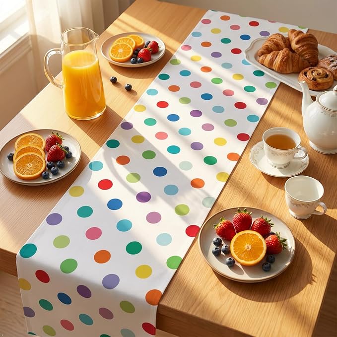 Colorful Polka Dot Table Runner, 13x72 Inch Rainbow Dot Dining Table Decor | - Image 5