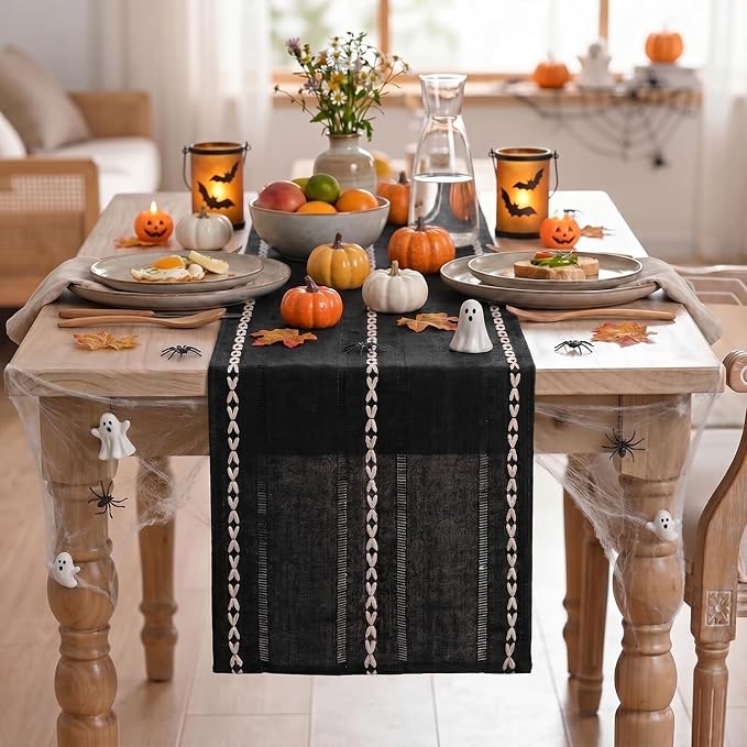 Artoid Mode Black Rustic Cotton Linen Table Runner, Seasonal Halloween - Image 2