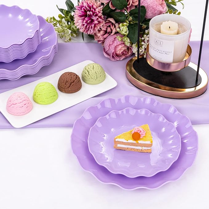 LIYH 24pcs Purple Plastic Plates Reusable, Unbreakable Dinner Plates, Scalloped - Image 4