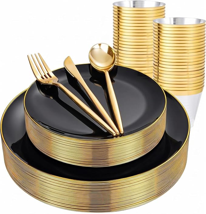 bUCLA 150PCS Black and Gold Plastic Plates by BUCLA