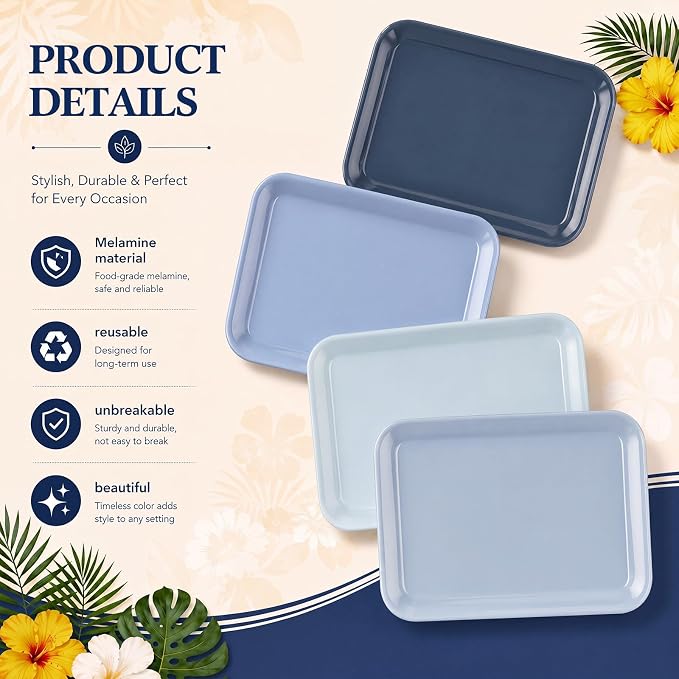 4 Pieces Dusty Blue Serving Trays Nautical Melamine Platters Reusable Rectangle - Image 3