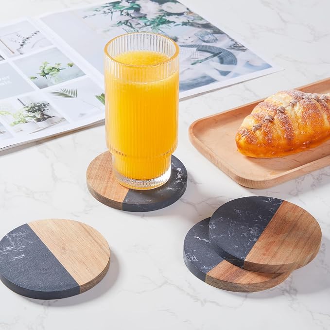 Coasters Set of 4 for Drinks, Marble-Wood Spliced Coaster for Tabletop - Image 2