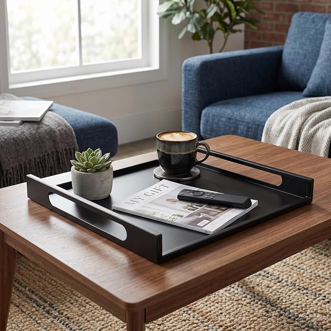 MyGift 16 Inch Matte Black Metal Large Serving Tray - Image 7
