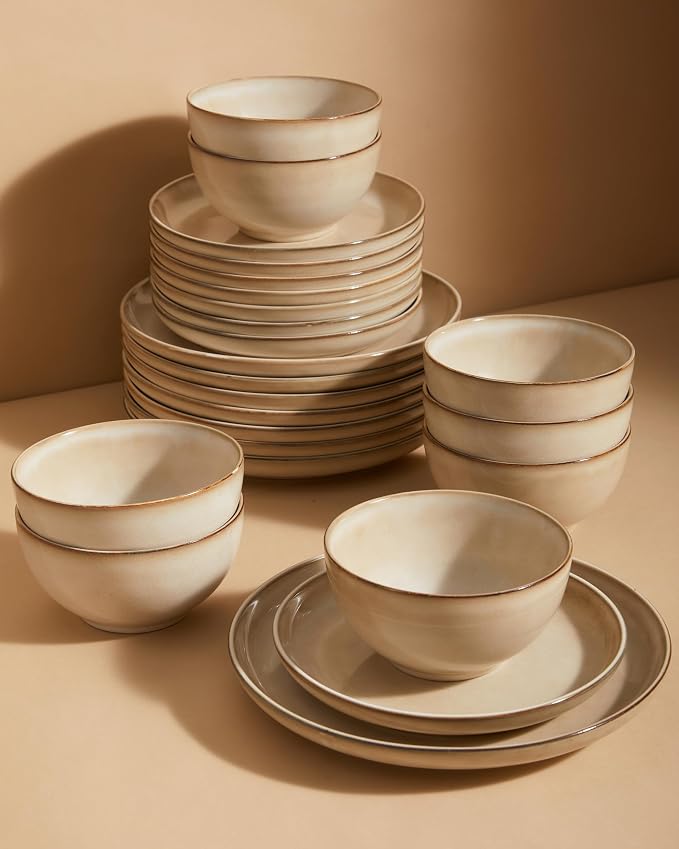 24 Piece Dinnerware Sets for 8, Modern Stoneware Plates and Bowls Setst by Pokini