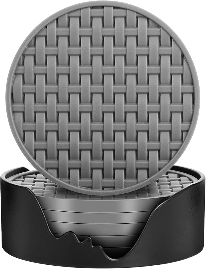 Gray Silicone Coasters with Holder, 4 Inch Non-Slip Drink Coasters Set of 6 | by Bangkee