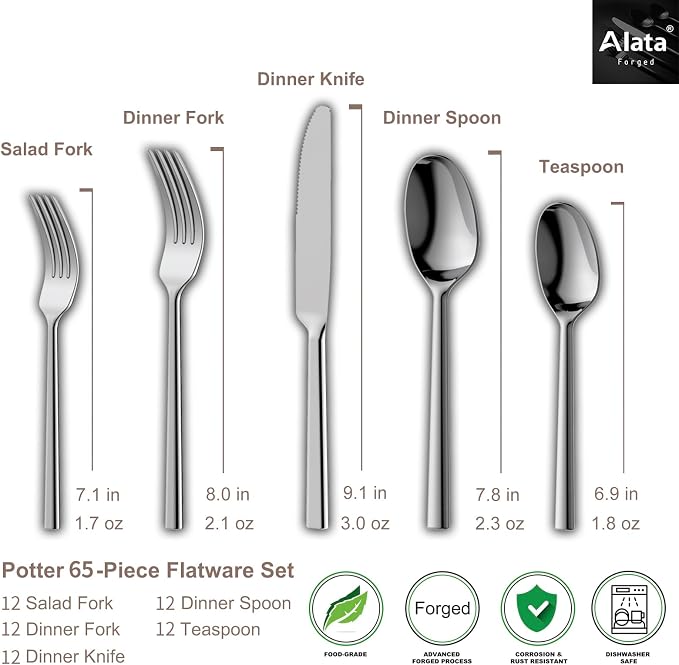 Alata Potter 65-Piece Forged Silverware Set, Service - Image 5