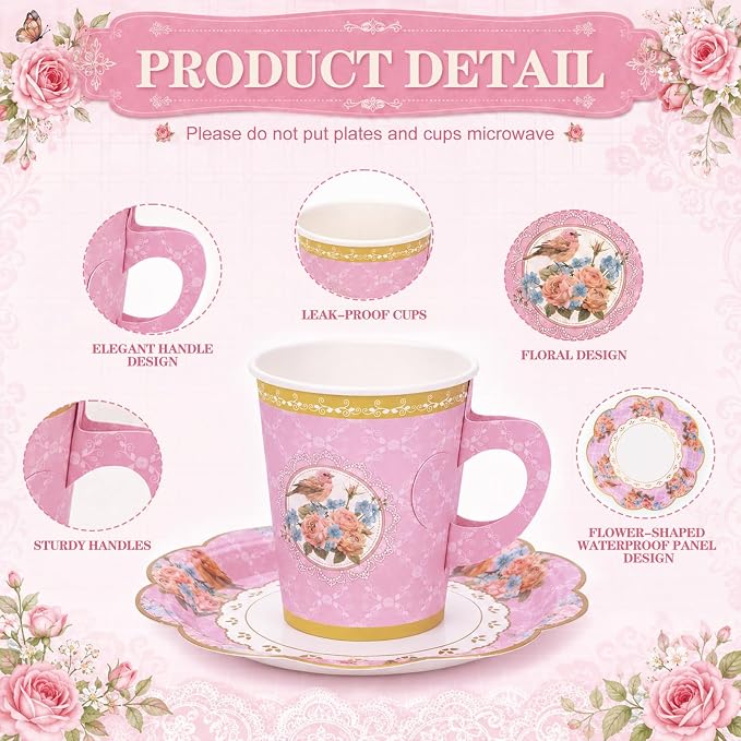Tea Party Decorations Set, Vintage Floral, 24 Guests, Disposable | Supplies - Image 3