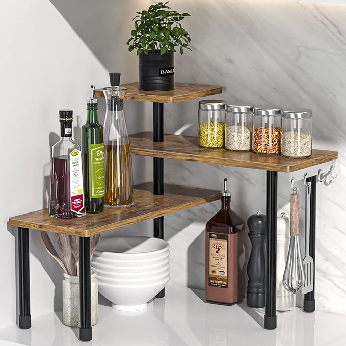 JayRex Kitchen Countertop Organizer 3-Tier Corner Shelf, Rustic Brown | by JayRex