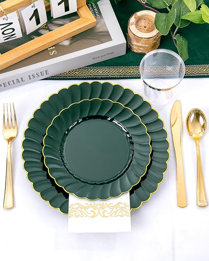 YOUBET 175PCS Green Scalloped Plastic Plates - Image 7