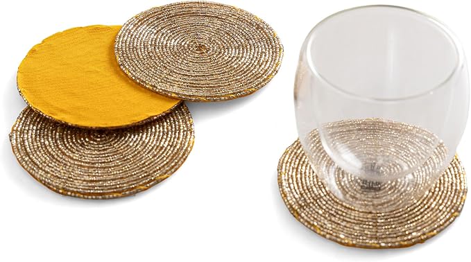 Handmade Beaded Coasters, Glass Bead Coasters in Gold, Coffee Table Décor by TrunkinUSA