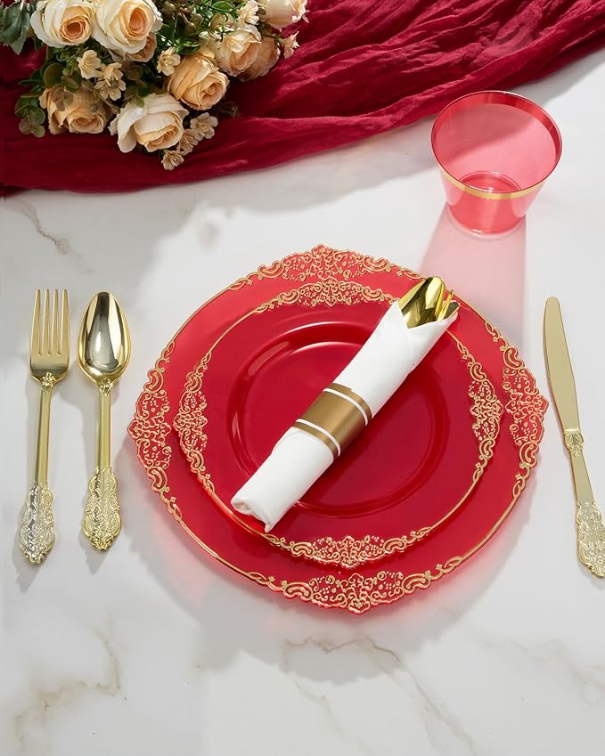350 Piece Red Dinnerware Set for 50 Guests | Includes: 100 Gold Rim Plastic - Image 3