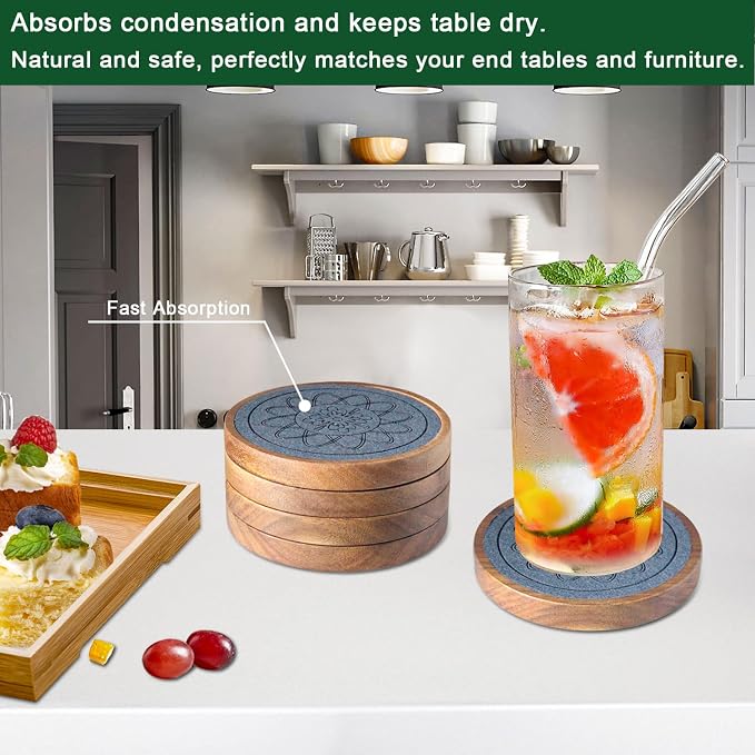 Wood Coasters for Drinks, Absorbent Coaster Sets of 5, Drinks Coasters for - Image 3