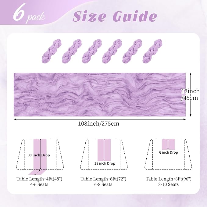 6 Pack Lavender Cheesecloth Table Runner 17x108 Inch Semi Sheer Boho Gauze - Image 2