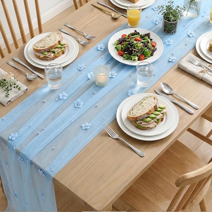 Artoid Mode Blue Flower Pearl Blue Gauze Table Runner 10FT 6PC, Seasonal Sheer - Image 5