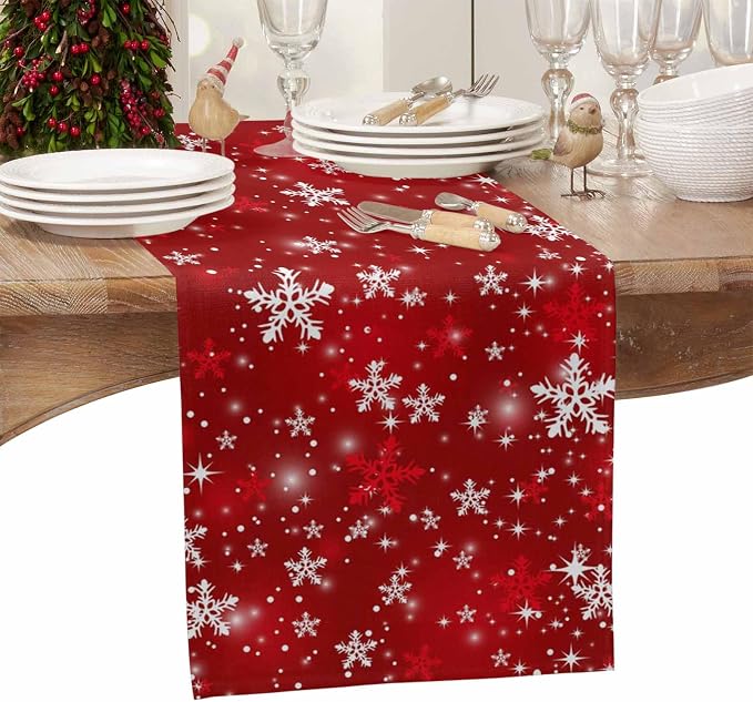 Red Christmas Table Runners 60 Inches Long, Cotton Linen Fabric Snowflake Table - Image 4