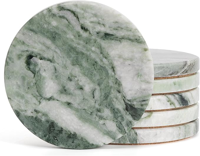 Sage Green Marble Coasters Set of 6, Elegant Green & White Coasters by YONGHEE