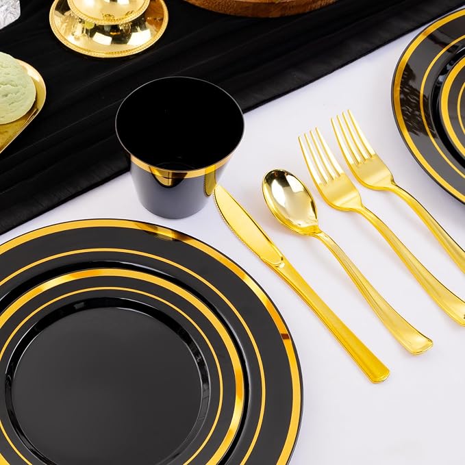 WELLIFE Black and Gold Plates, Plastic Dinnerware Set - Image 2